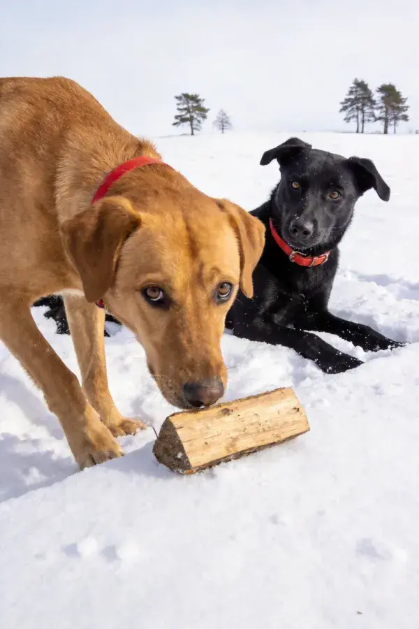 雪地中拉布拉多犬互动场景