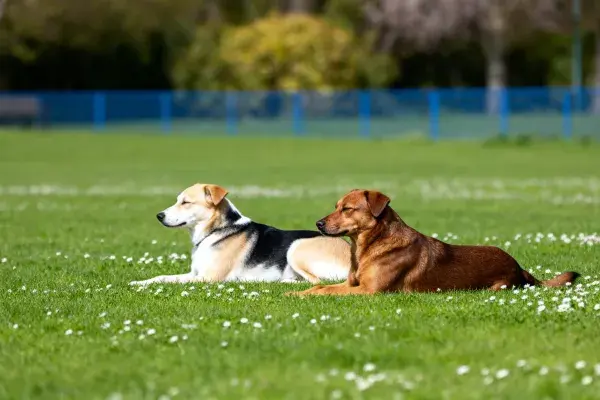 阳光草地上的两只短毛混种犬休息场景