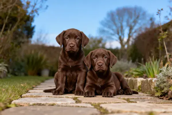 巧克力色拉布拉多幼犬在石板路上休憩