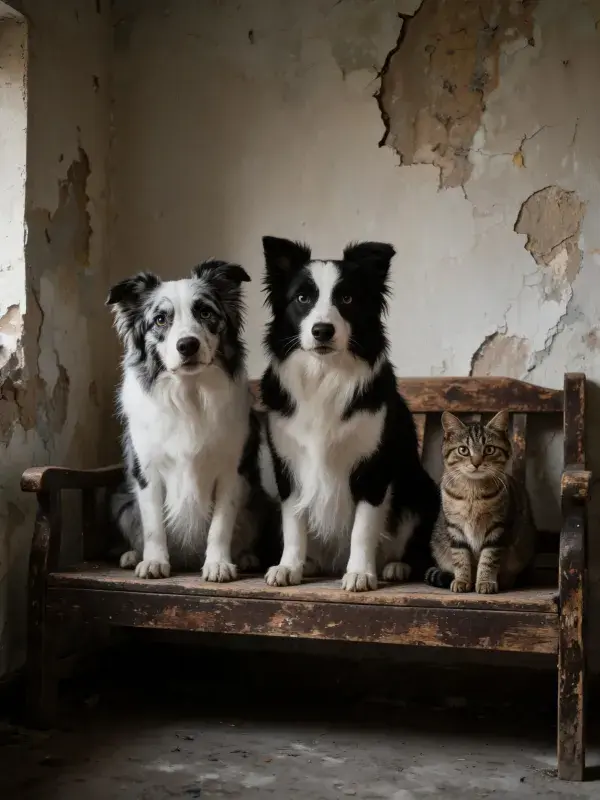 边境牧羊犬与家猫同处旧木长椅