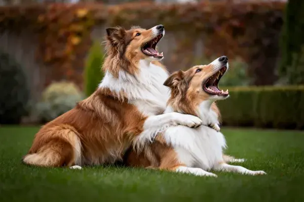 户外草坪上两只边境牧羊犬互动场景