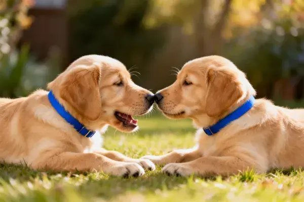 草地上的两只金毛幼犬互动场景
