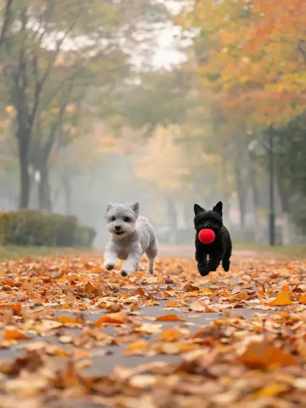苏格兰梗犬与西高地白梗犬在落叶步道奔跑