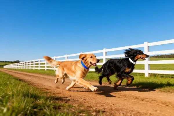 白色栅栏旁金毛寻回犬与黑色指示犬奔跑场景