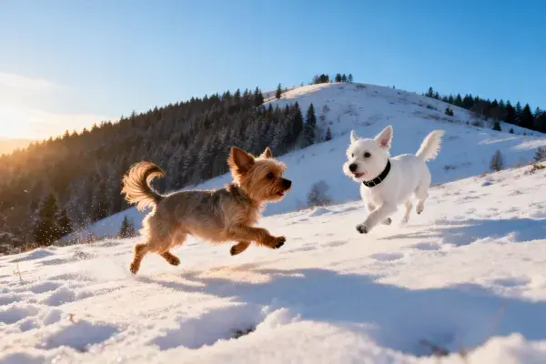 雪地中约克夏梗犬与西高地白梗犬奔跑场景