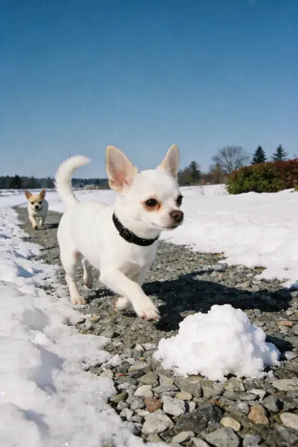 吉娃娃犬在碎石小径雪景中的奔跑场景
