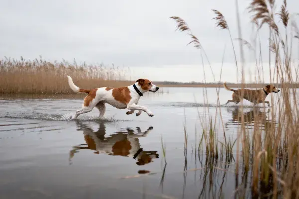 德国短毛指示犬在水域奔跑的场景