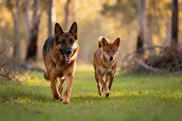 林间草地上的德牧与野犬同行