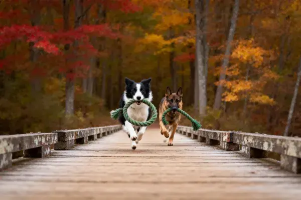 边境牧羊犬与德国牧羊犬在木桥奔跑
