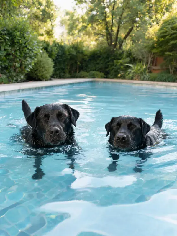 庭院泳池中拉布拉多猎犬戏水场景