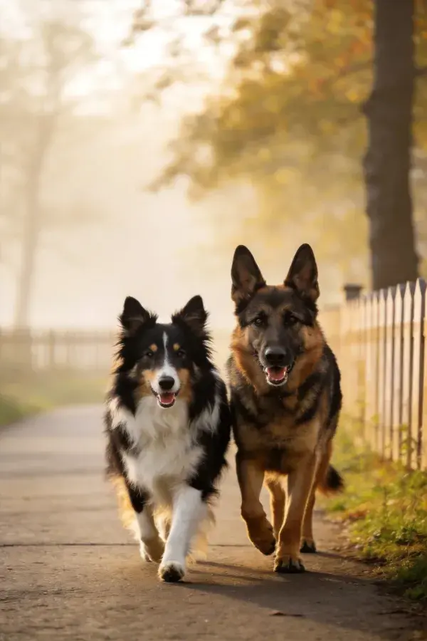 谢德兰牧羊犬与德国牧羊犬并肩行走户外场景