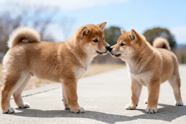 户外场景中两只柴犬互动画面