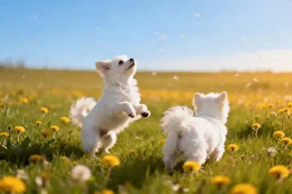 草地上两只白色马尔济斯犬玩耍场景