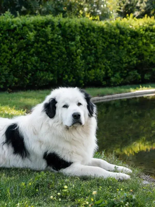阳光下草地边的高加索牧羊犬