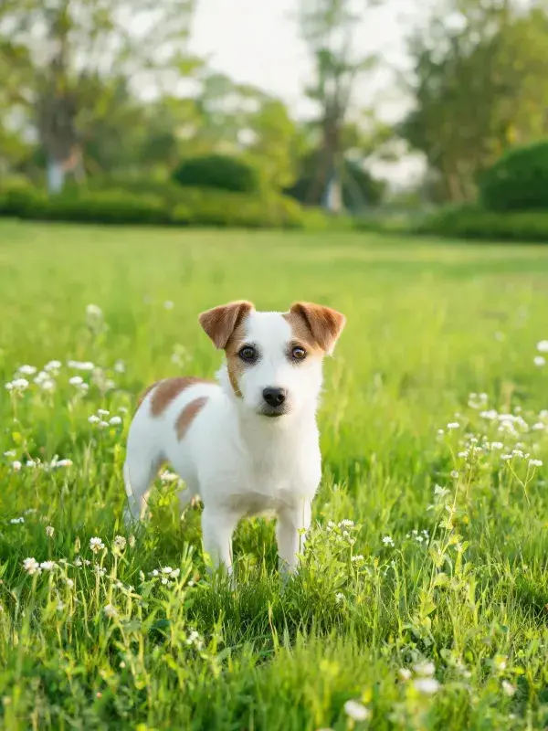 杰克罗素梗幼犬在花草草地特写