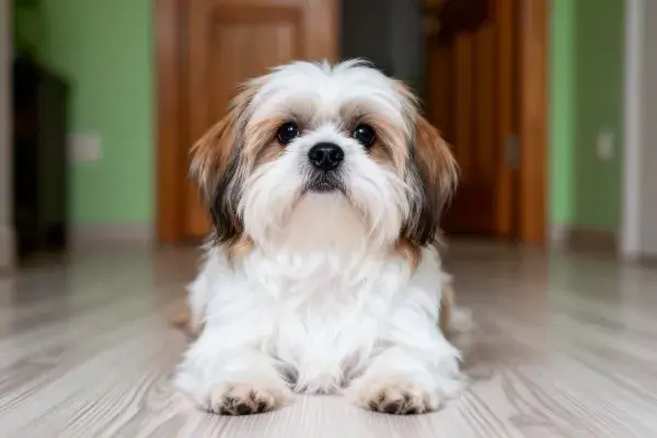 室内木地板上的西施犬