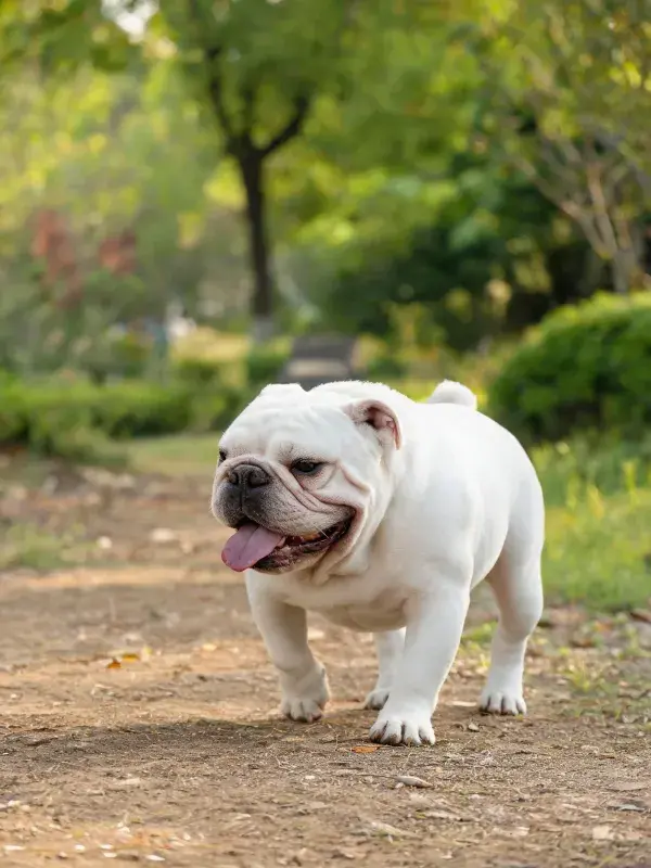 公园步道上白色斗牛犬