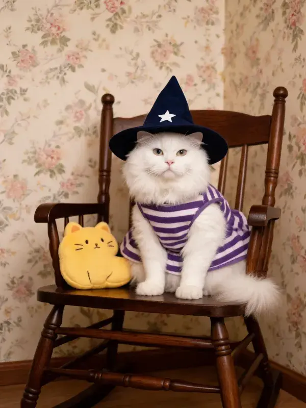 波斯长毛猫戴巫师帽坐在摇椅旁
