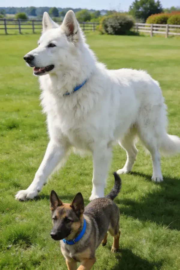 阳光草地上的白瑞士牧羊犬与德牧幼犬场景