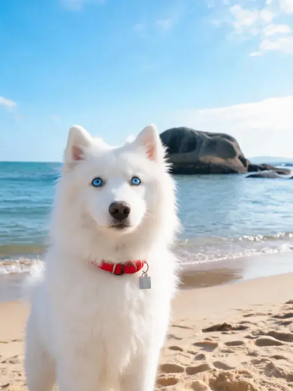 海滩沙滩上的萨摩耶犬特写
