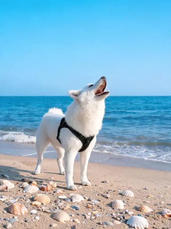 日本尖嘴犬在沙滩场景下的特写