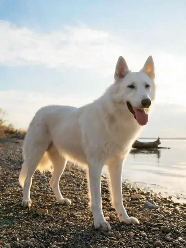 阳光下沙滩上的白色瑞士牧羊犬站立特写