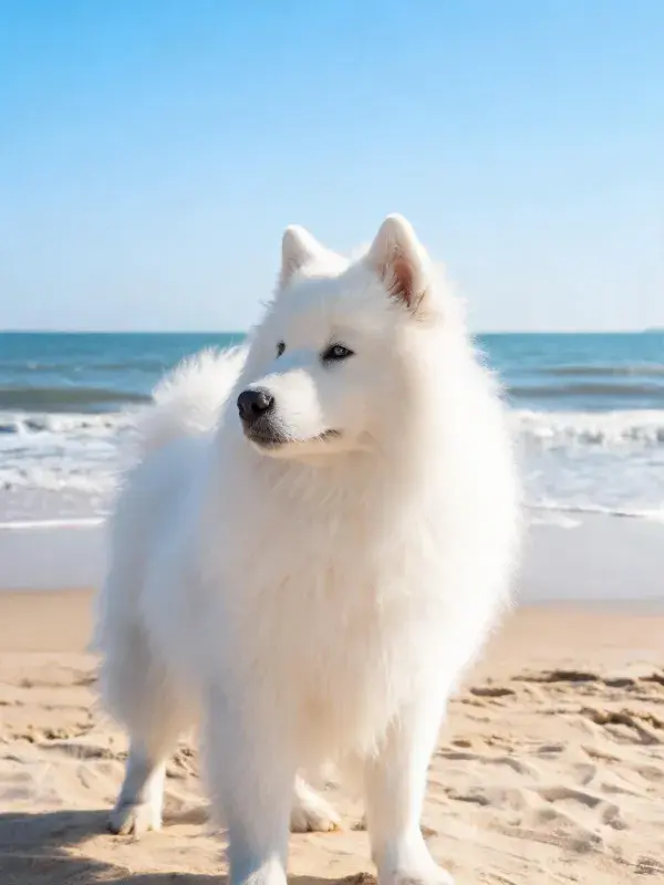 沙滩上萨摩耶犬的特写