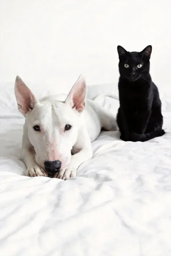 白色牛头梗与黑色猫咪的室内休息场景