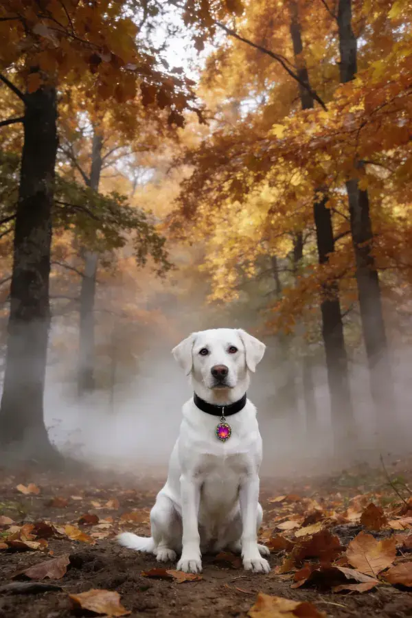 白色拉布拉多犬于秋日雾林场景