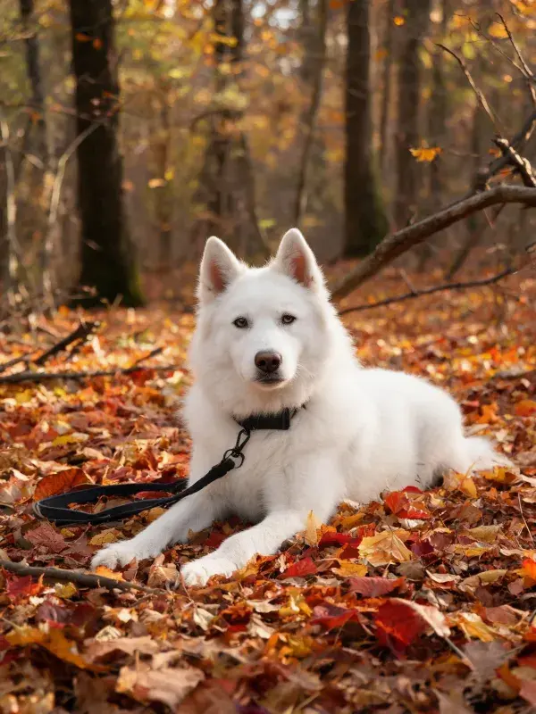 秋林落叶中的萨摩耶犬