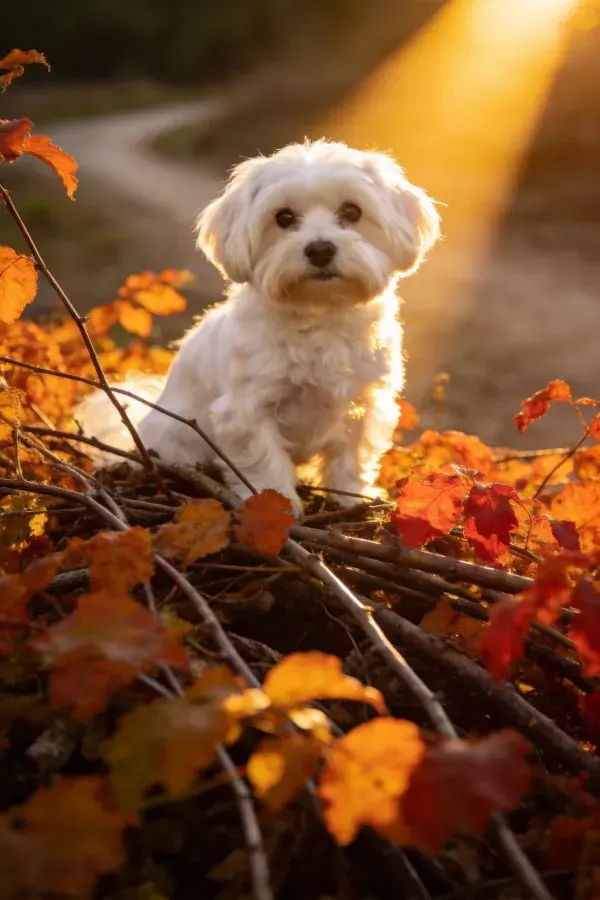 秋日枝叶间的马尔济斯犬