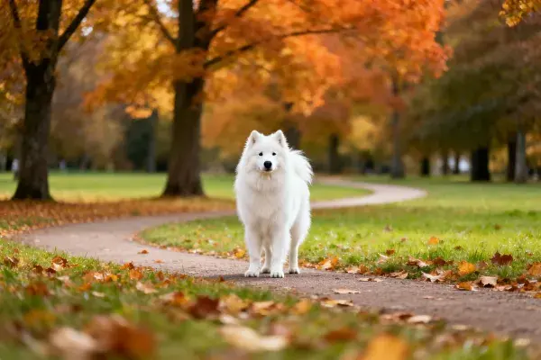 阳光下步道上的萨摩耶犬