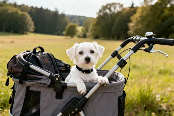 马尔济斯犬在自行车宠物篮中的户外场景