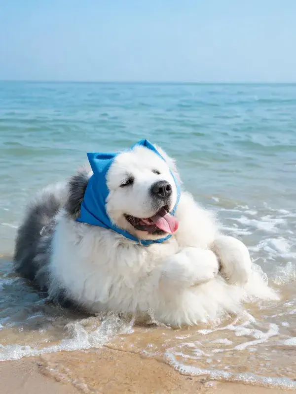 海滩浅水中的大白熊犬戴蓝色帽子玩耍