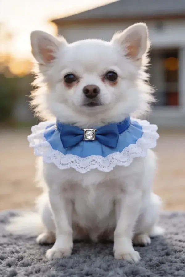 吉娃娃犬佩戴蓝色蕾丝项圈的瞬间
