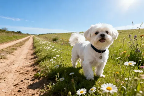 泥土小路旁的马尔济斯犬