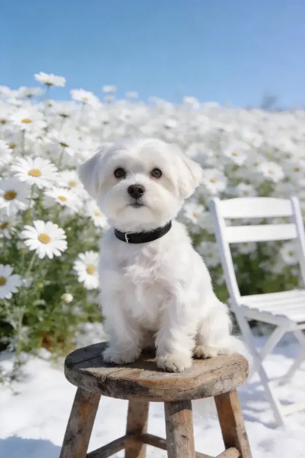 Maltese犬坐在木凳前于雏菊田