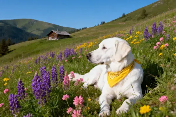 金毛寻回犬静卧花海间