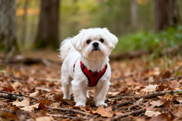 马尔济斯犬在落叶覆盖的小径上