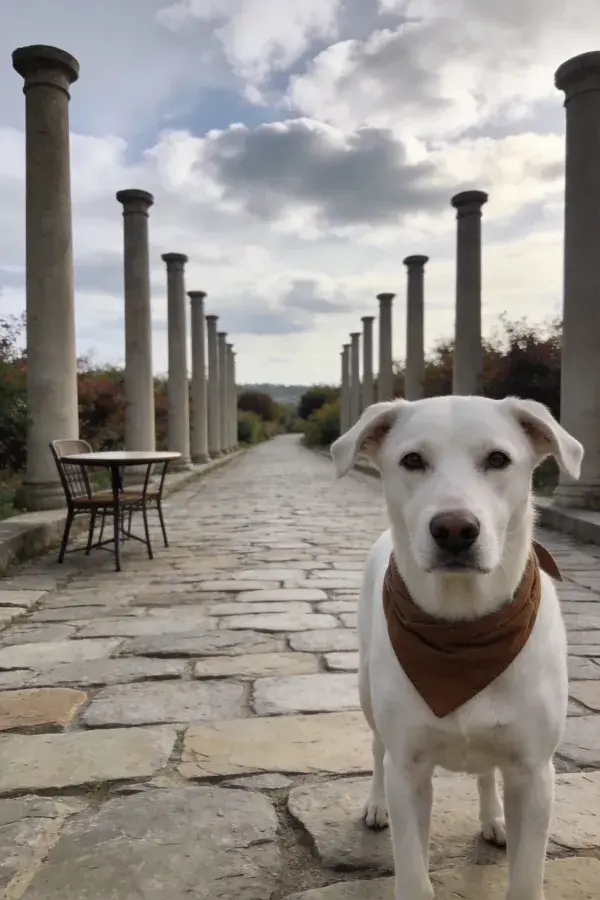 白色拉布拉多犬于古遗址步道