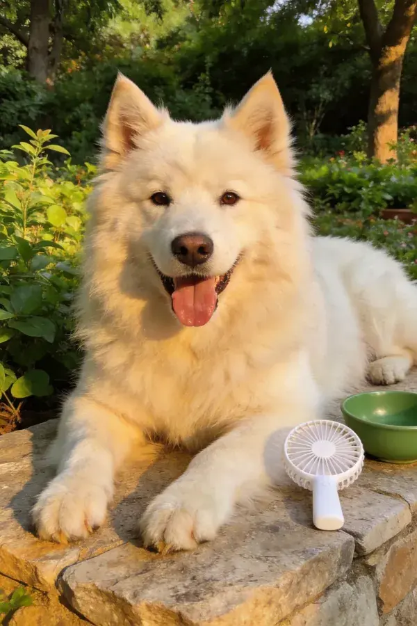 阳光下萨摩耶犬在石台休憩的场景