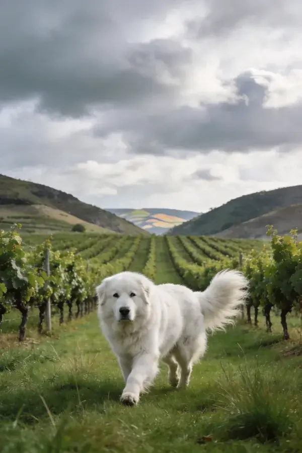 大白熊犬漫步葡萄园场景