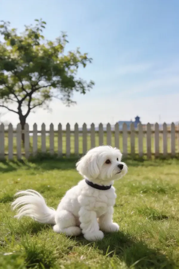 马尔济斯犬草地围栏前特写