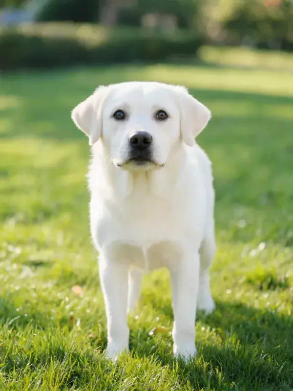 草地上的白色拉布拉多犬站立