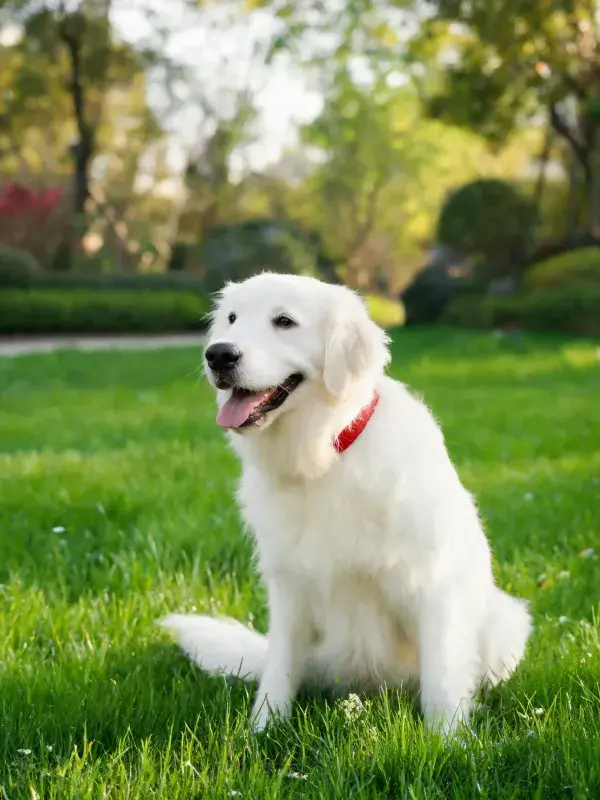 绿色草坪上安静坐立的白色金毛寻回犬