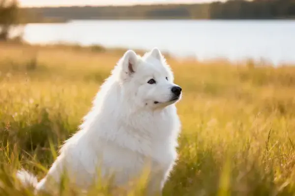 阳光草地旁水域边的萨摩耶犬