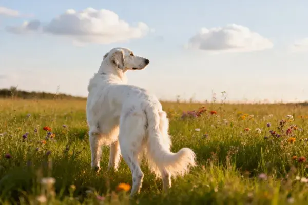 大白熊犬于野花草地场景