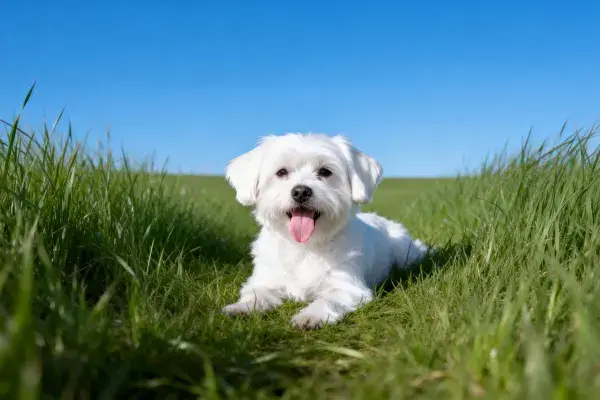马尔济斯犬躺卧在草地上
