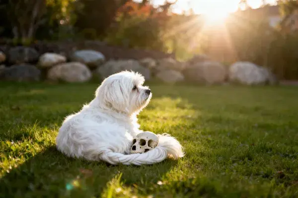 阳光草地上的马尔济斯犬休息场景