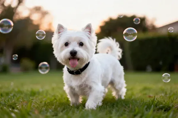 西高地白梗犬在草地上与肥皂泡